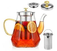 Glass Teapot 1000ml - Tea Pot with Infuser & Lid, Gold Handle Borosilicate Glass Teapots with Stainless Steel Strainer for Loose Leaf Tea Large Modern Tea Pot Maker Tea Pots for 4-6 Cup