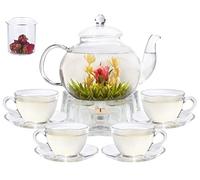 Glass Teapot Set, 40OZ/1200ml Stovetop Safe Glass Tea Kettle with Removable Infuser & Tea Warmer, Tea Cups and Saucers Set of 4, Blooming Tea & Loose Leaf Tea Maker Set for Women