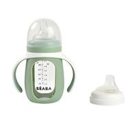 BÉABA, 2 in 1 Glass Silicone Cup Heavy Duty Healthy 100% Waterproof Removable Handles 210ml Sage Green
