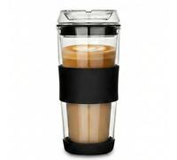 Glass Travel Mug with Full Glass Lid - 400ml Reusable Coffee Cup for Work & Commute - Double Wall Insulated Glass Flask for Hot Drinks - Non-Slip Silicone Sleeve (Plastic Free)