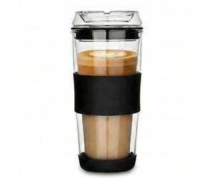 Glass Travel Mug with Full Glass Lid - 400ml Reusable Coffee Cup for Work & Commute - Double Wall Insulated Glass Flask for Hot Drinks - Non-Slip Silicone Sleeve (Plastic Free)