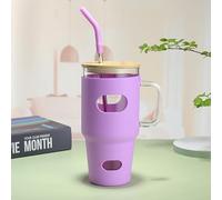 Glass Tumbler Cup | with Bamboo Lid and Metal Straw| Silicone Sleeve| 32 OZ| Reusable Cup with Handle | Time Marking | Cold Beverages | Multi-use | Car, Back to School, Office, etc | (Lavander)