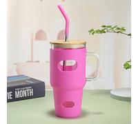 Glass Tumbler Cup | with Bamboo Lid and Metal Straw| Silicone Sleeve| 32 OZ| Reusable Cup with Handle | Time Marking | Cold Beverages | Multi-use | Car, Back to School, Office, etc | (Mexican Pink)