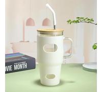 Glass Tumbler Cup | with Bamboo Lid and Metal Straw| Silicone Sleeve| 32 OZ| Reusable Cup with Handle | Time Marking | Cold Beverages | Multi-use | Car, Back to School, Office, etc | (Frost White)