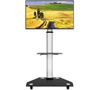 Glass TV Stand on Wheels | Mobile Pedestal Bracket for 30-80 Inch LCD/LED/Plasma TVs | Rolling Trolley with Locking Wheels & 2 Storage Shelves