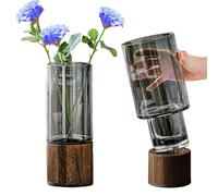 Glass Vase Cylindrical Smoked Grey Flower Vase with Wooden Base Plant Vases for Pampas Grass Dried Flowers, Boho Rustic Style Vases for Wedding Home Decor Table Centerpieces 10Inch/25Cm Tall (Clear)