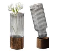 Glass Vase Cylindrical Smoked Grey Flower Vase with Wooden Base Plant Vases for Pampas Grass Dried Flowers, Boho Rustic Style Vases for Wedding Home Decor Table Centerpieces 10Inch/25Cm Tall (Ribbed)