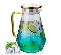 Glass Water Jug - 2L Borosilicate Pitcher with Gold Stainless Steel Lid & Handle | Hot & Cold Beverage Jug for Fridge | Diamond-Textured Design | Dishwasher Safe (Blue) - AstraLoom