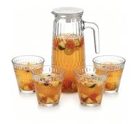 Glass Water Jug and Cup Set, 700mL Pitcher with Lid and 4 Drinking Glasses, Clear Diamond-Cut Design, 5-Piece