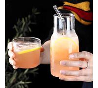 Glass Water Pitcher with Cup 600ML Heat Resistant V-Shaped Mouth Bedside Water Carafe Tumbler Set Bathroom Mouthwash Bottle for Iced Tea Milk Water Coffee (A)