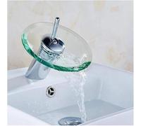 Glass Waterfall Bathroom Faucet, Single Handle Chrome Mixer Tap with Tempered Glass Disk, Modern Basin Faucet for Hot and Cold Water(12cm)
