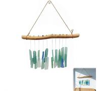 Glass Wind Chimes for Outside Blue Handworks Glass and Driftwood Chime Handmade Hanging Wind Chimes Coastal Beach Decor with Wooden Hanger Decor Gift for Home Wall Outdoor Garden Beach Patio