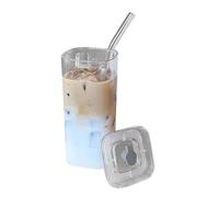 Glass with Lids Included - Clear Non Drip Glassware | Square Drinking Glasses - for Coffee, Beer, Wine, Tea, Water, Kitchen, Party, Restaurant