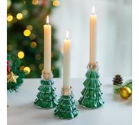 Glasseam Christmas Candle Holder 3pcs: Glass Christmas Tree Candlestick Holders Green Candle Sticks Holder with Glitter Xmas Decorations for Table Decoration DIY Gifts