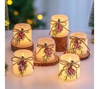 Glasseam Christmas Candle Holder Decorations: Set of 6 Tea Light Candle Holders Glass Decorative Christmas Tea Light Holders with Red Berry and Pine Needles for Table Centrepieces Decoration Gift