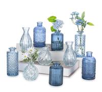 Glasseam Glass Bud Vases for Centerpieces, 10Pcs Blue Small Flower Vase Set | Vintage Embossed, Thick Glass, Mini Home Decorations, Offices, Wedding Table, Party, Baby Shower, Single Flower, Women's Gift
