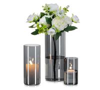 Glasseam Glass Cylinder Vase Grey: 3 Pcs Hurricane Candle Holder for Flower | 10/15/20cm, For Rose, Pampas Grass, Tulip, Floating Candles, Living Room, Dining Table Centrepiece Decoration, Home Decor