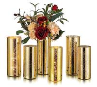 Glasseam Gold Cylinder Vases for Centerpieces: 6 Modern Mercury Hurricane Glass Vase Set for Flowers - Decorative Golden Pillar Candle Holders for Wedding Party Dining Room Table Decor