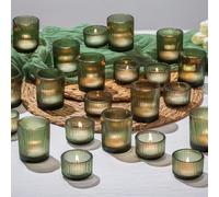 Glasseam Green Glass Candle Holder: 24 Pcs Ribbed Tea Light Candle Holders | 2 Size Bulk, Weighted Base, Antique Small Tea Light Holder, Table Centrepiece, Christmas, Wedding, Party, Home Decor