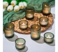 Glasseam Green Glass Candle Holder: 8 Pcs Ribbed Tea Light Candle Holders | 2 Size Bulk, Weighted Base, Antique Small Tea Light Holder, Table Centrepiece, Christmas, Wedding, Party, Home Decor
