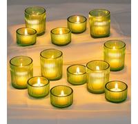 Glasseam Green Glass Candle Holder Set of 24, Ribbed Tea Light Holders Bulk, Small Christmas Candle Holders for Living Room, Vintage Tealight Holder Votive Candle Holder for Wedding Centrepiece Party