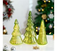 Glasseam Mercury Glass Christmas Tree: Set of 3 Green Glass Christmas Decorations Indoor Tabletop Xmas Led Lighted Trees with Timer for Centerpieces Fireplace Mantel Home Decor