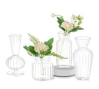 Glasseam Modern Clear Glass Bud Vase Set: 4Pcs Small Mini Flower Centerpieces Vases Handmade DecorativeCute Short Window Corner Home Decor for Wedding Reception Dining Table Single Rose Flowers