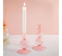Glasseam Pink Glass Candlestick Holders: Set of 2 Taper Candle Holder Coloured Candlesticks Bubble Candle Holders for Living Room Candlestick Holders for Home Decor Party Tables Decoration