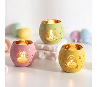 Glasseam Tealight Holders for Easter Decorations: 3Pcs Glass Tea Light Candle Holders with Bunny Easter Egg for Table Centerpiece Coloured Tea Light Holder Gifts for Adults Party Spring Home Decor