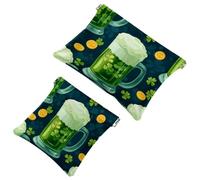 Glasses of Green Beer Clover Leaves and Gold Coins Pattern Pocket Cosmetic Bag, Waterproof Squeeze Makeup Bag No Zipper Self-Closing, Portable Mini Travel Storage for Headphones Jewelry