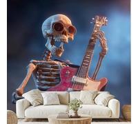 Glasses Skull Electric Guitar Mural Music Theme Rock Skeleton Self-Adhesive Wallpaper 100x70 cm Modern Art Canvas Wall Paper for Bedroom Living Room Wall Mural Removable Stickers vd12u