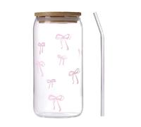 Glasses with Lids, 500ml Cute Bow Bottle with Straw, Tea Mug for Iced Coffee Cocktails Tea, Sturdy Drinkware and Spill-Resistant Lid, Fun and Stylish Glass for Teen Girls Home Bar Kitchen