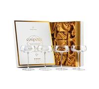GLASSIQUE CADEAU Crystal Cocktail and Champagne Coupette Glasses | Set of 4 | 260 ml Elegant Long Stemmed Coupe Glassware for Gimlet, Espresso Martini, Daiquiri, Cosmopolitan | Fancy Round Saucers