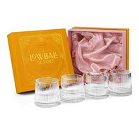 GLASSIQUE CADEAU Vintage Art Deco Speakeasy Short Gin Tumbler Glasses | Set of 4 | 260 ml Crystal Lowball for Drinking Classic Rum, Vodka Bar Drinks | Round Rocks Glassware