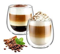 glastal 2x250ml Double Walled Coffee Glasses Mugs Cappuccino Latte Cups | Borosilicate, Latte Macchiato Glass Cups, Heat Resistant Glass Cup for Coffee Tea Milk Juice Ice Cream Beer