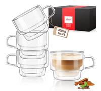 glastal 4 Pack 350ml Double Walled Coffee Cups Glasses Mugs, Stackable Glass Coffee Cups with Handle, Cappuccino Latte Macchiato Glasses Cups for Coffee Tea Milk Juice Ice Cream (Set of 4)