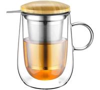 glastal 430 ml Double Wall Glass Tea Cup with Stainless Steel Infuser Teacup Borosilicate Heat Resistant Glass Tea Cup with Handle for Tea Milk Juice Ice Cream in Home or Office
