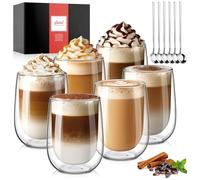 glastal 6x350ml Double Walled Coffee Glasses Mugs Cappuccino Latte Macchiato Glasses Cups for Coffee Tea Milk Juice Ice Cream Borosilicate Heat Resistant Glass Cups