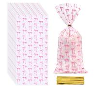 Glavatrix 100Pcs Pink Bow Cellophane Treat Bags Coquette Pink Party Favor Bags Plastic Candy Gooide Bags with Twist Ties for Birthday Wedding Baby Shower Cookie Snack Gift Wrapping Supplies,5 X 11inch