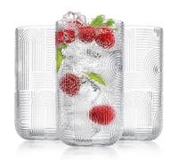 Glaver's Drinking Glasses, 8 Highball Glasses, 17 Ounce Thick Embossed Designed, Set of 8 Clear Kitchen Glassware For Everyday Elegant Serving Coolers, Urban Pattern Modern Drinking Glasses