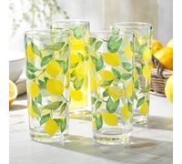 Glaver's Lemon Print Highball Glasses, Slim 10 oz Summer Drinking Glassware, Set of 4 Petite Juice Glasses for Breakfast, Milk, Smoothies Decorative Party Everyday Cute Drinkware -Handwash