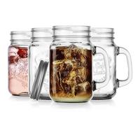 Glaver's Mason Drinking Jars - Set of 4, 16 Oz Clear Glass Jar with Handle and Lid. - Ice-Cold Drink Glassware Logo - Glass Mugs Ideal for Cold Beverages, Juice, Smoothie, Cocktails.