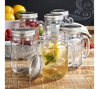 Glaver's Mason Jar 16 Oz. Glass Mugs with Handle and Lid Set Of 6 Old Fashioned Drinking Glass Bottles Original Mason Jar Pint Sized Cup Set.