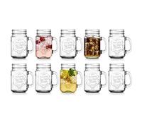 Glaver's Set of 10 Ice Cold 16 Oz. Mason Drinking Glasses With Handles. Quality Refreshing Ice Cold Embossed Logo Jars for Beverages, Cocktails, Shakes, Smoothies, Sodas, Juice.