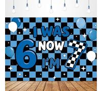 Glawry 6 7 Birthday Backdrop 7Wx5H, Black and Blue Checkered I was 6 Now I'm 7 Birthday Party Decorations,6 7 Meme Party Decor Six Seven Theme Birthday Banner Boy 7th Birthday Photography Background