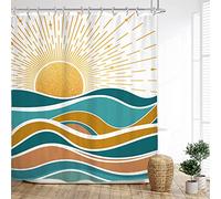 Glawry Abstract Ocean Sunrise Shower Curtain Sea Waves Sunset Bathroom Mid Century Modern Aesthetic Minimalist Boho Sun Bohemian 60Wx72L Inches Bath Accessories Art Home Decor Fabric 12 Pack Hooks