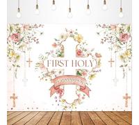 Glawry First Holy Backdrop Backdrop for Photography 7Wx5H Feet God Bless Baptism Banner Communion Girl Pink Watercolor Wildflower Christening Party Decorations Photoshoot Background Photo Booth Studio