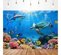 Glawry Ocean Shark Backdrop for Photography 7Wx5H Feet Kids Funny Turtle Sea Beach Tropical Coral Underwater Nautical Birthday Baby Shower Party Decorations Photoshoot Background Photo Booth Studio