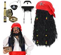 Glazeal Unisex Pirate Wig Accessory Set - Long Black Curly Wigs with Dreadlocks, Eye Patch, Red Headband, Beards, Monocular Compass - Women Men Halloween Pirate Costume