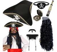 Glazeal Unisex Pirate Wig Hat Set - Pirate Wig, Hat, Moustache & Eye Patch, Compass & Monocular Costume Accessories for Men and Women
